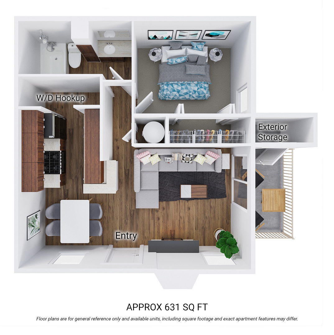 Floor plan for 1 bed, 1 bath, 631 sqft